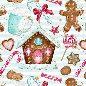Gingerbread House Candy Cane Lollipop Hot Cocoa blue stripe Christmas snacks