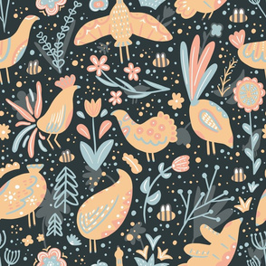 Folk art pattern with cute birds