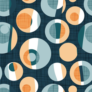 Normal scale // Rounded inspiration // dark blue linen texture background green pine orange tequila sunrise and blue malibu circles