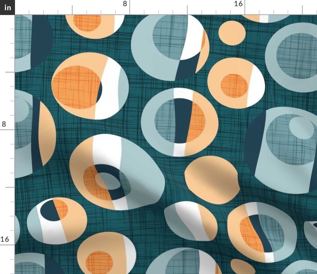 Normal scale // Rounded inspiration // green pine linen texture background orange tequila sunrise and blue malibu circles
