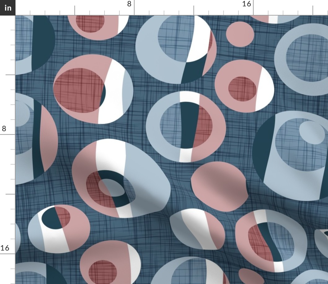 Normal scale // Rounded inspiration // blue linen texture background dark pink and blue circles