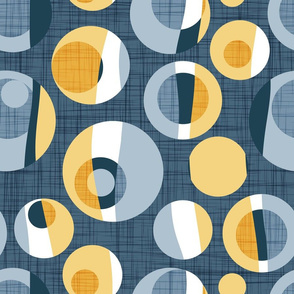 Normal scale // Rounded inspiration // blue linen texture background yellow and blue circles.