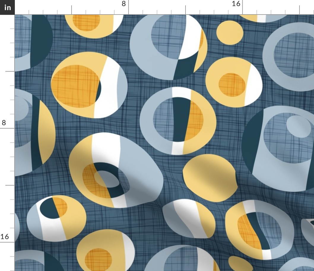 Normal scale // Rounded inspiration // blue linen texture background yellow and blue circles.