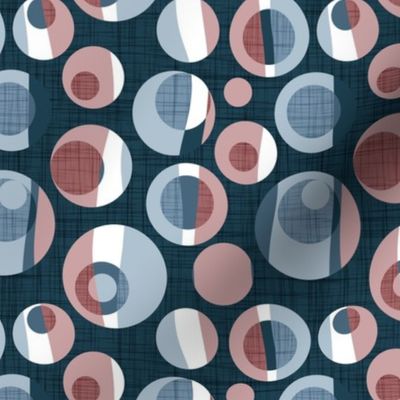 Small scale // Rounded inspiration // dark blue linen texture background dark pink and blue circles