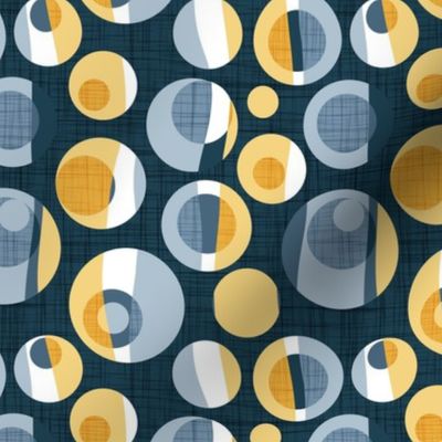 Small scale // Rounded inspiration // dark blue linen texture background yellow and blue circles