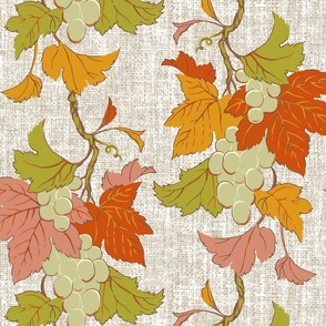 Green Grapes Red Leaves Natural White Farmhouse Linen