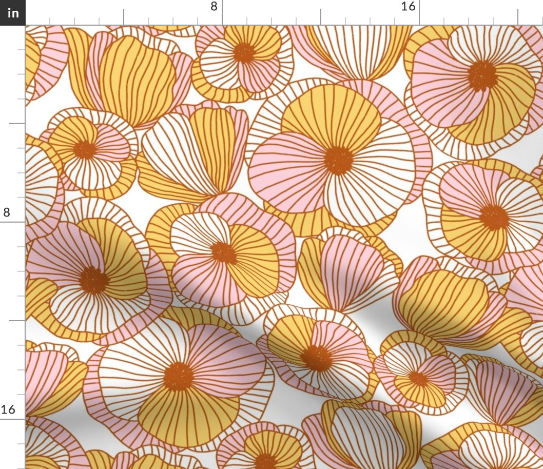 Beautiful abstract poppy flowers pattern in pink, yellow and gold