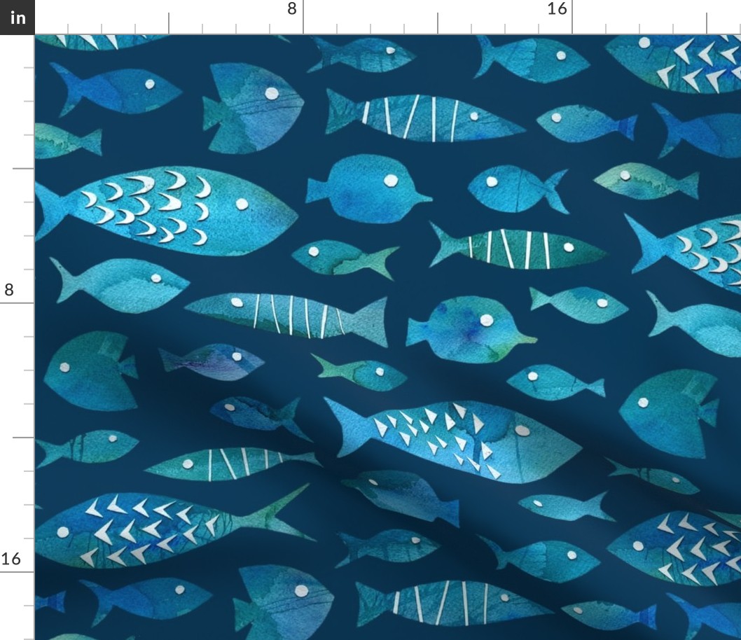 Watercolor Fish- Large - Dark Blue Background