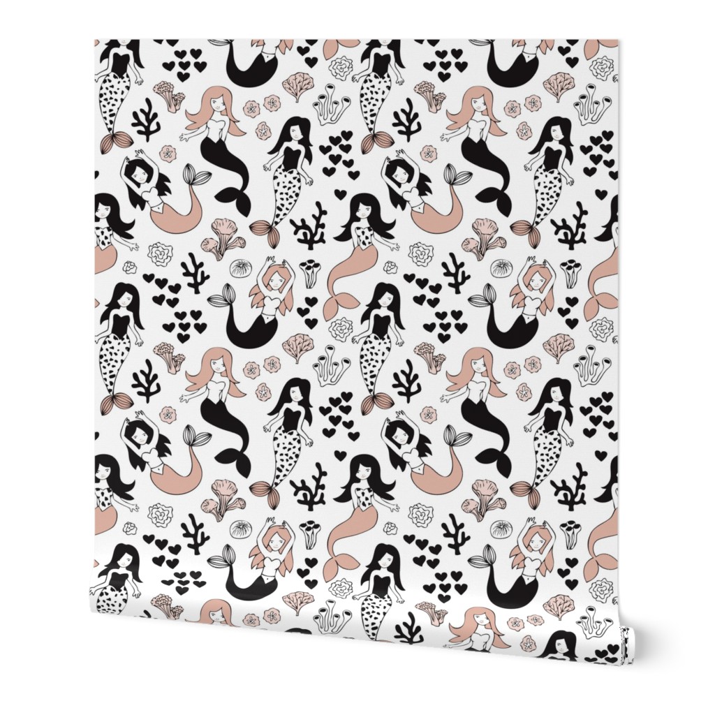 Sweet little mermaid girls theme with deep sea ocean coral illustration details in beige black and white SMALL