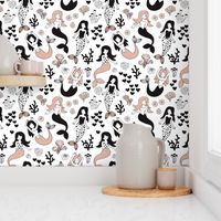 Sweet little mermaid girls theme with deep sea ocean coral illustration details in beige black and white SMALL