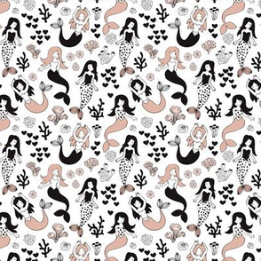 Sweet little mermaid girls theme with deep sea ocean coral illustration details in beige black and white SMALL