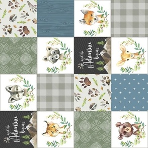 3" Woodland Animal Tracks Quilt – Cheater Quilt Blanket Fabric (cypress green, fog gray, soldier blue) rustic style A, rotated
