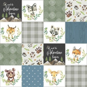 3" Woodland Animal Tracks Quilt – Cheater Quilt Blanket Fabric (cypress green, fog gray, soldier blue) rustic style A