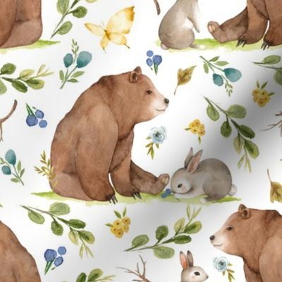 Woodland Bear & Bunny Friends (white) Blue & Yellow Flowers, LARGE scale
