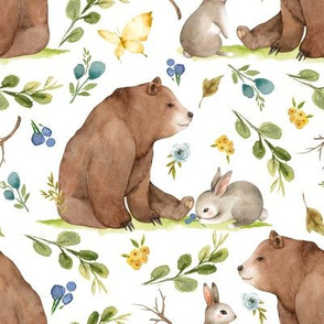 Woodland Bear & Bunny Friends (white) Blue & Yellow Flowers, LARGE scale
