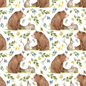 Woodland Bear & Bunny Friends (white) Blue & Yellow Flowers, SMALL scale