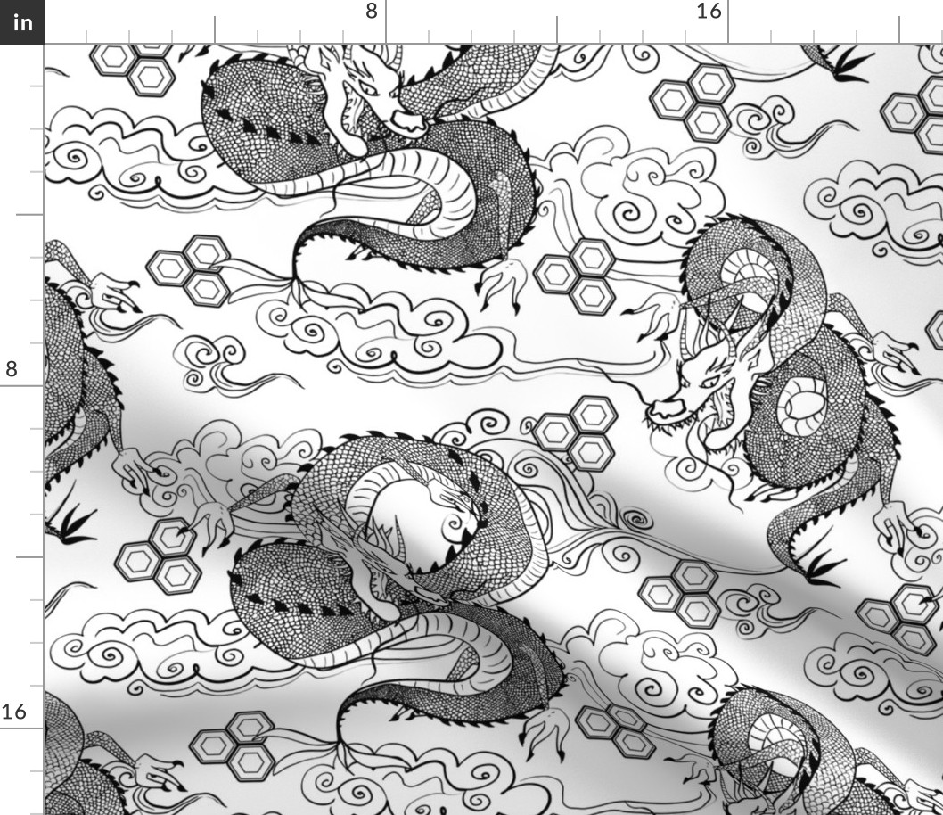 Japanese Serpent Dragons White and Black Fabric | Spoonflower