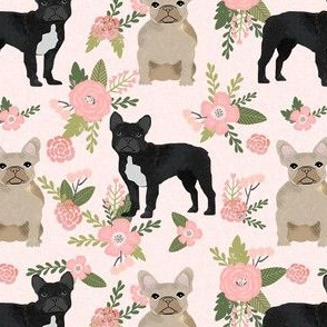 french bulldog floral fabric, fawn and black frenchies design