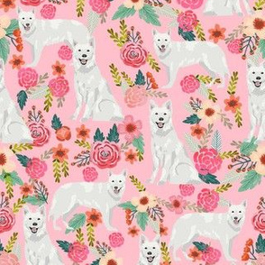 white shepherd florals fabric - dog breed fabric - pink