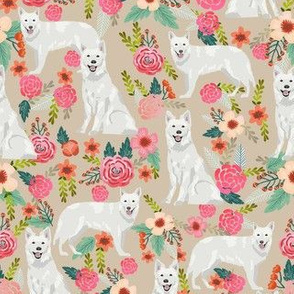 white shepherd florals fabric - dog breed fabric - tan