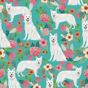 white shepherd florals fabric - dog breed fabric - turquoise