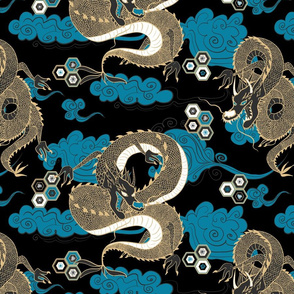 Serpent Dragon Blue Black and Gold