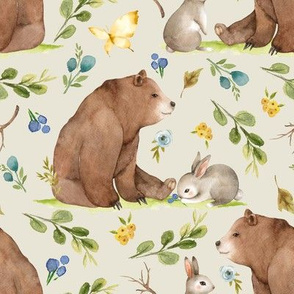 Woodland Bear & Bunny Friends (cream) Blue & Yellow Flowers, LARGE scale