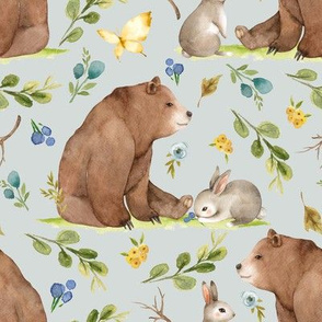 Woodland Bear & Bunny Friends (frost) Blue & Yellow Flowers, LARGE scale
