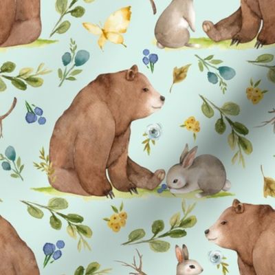 Woodland Bear & Bunny Friends (soft mint) Blue & Yellow Flowers, LARGE scale
