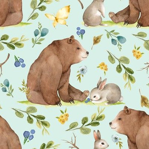 Woodland Bear & Bunny Friends (soft mint) Blue & Yellow Flowers, LARGE scale
