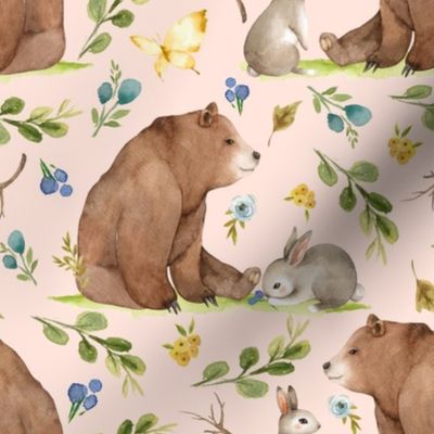 Woodland Bear & Bunny Friends (baby pink) Blue & Yellow Flowers, LARGE scale