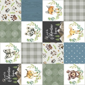 4 1/2" Woodland Animal Tracks Quilt – Cheater Quilt Blanket Fabric (cypress green, fog gray, soldier blue) rustic style A, rotated