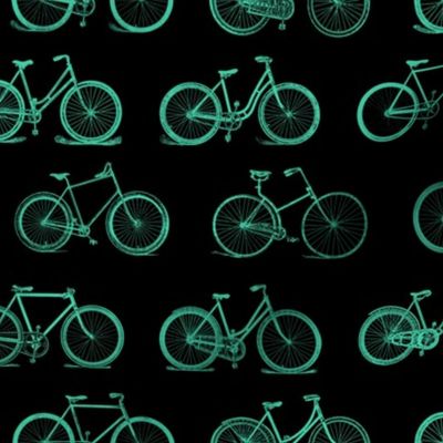 Retro Antique Bicycles in Teal Green on Black Background