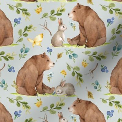 Woodland Bear & Bunny Friends (frost) Blue & Yellow Flowers, MEDIUM scale