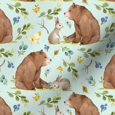 Woodland Bear & Bunny Friends (soft mint) Blue & Yellow Flowers, MEDIUM scale