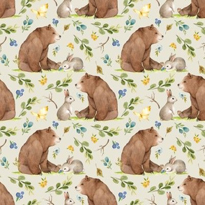 Woodland Bear & Bunny Friends (cream) Blue & Yellow Flowers, SMALL scale