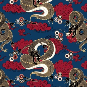 Serpent Dragon Red Blue and Gold