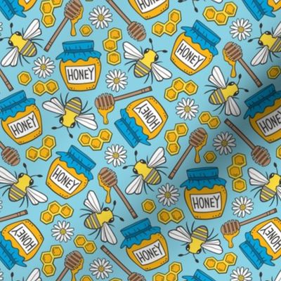 Honey & Bees in Blue Smaller 1,5 inch