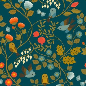 Fruit Birds Chinoiserie {Prussian Blue} - medium