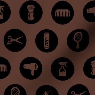 Salon & Barbershop Icons Circles in Black with Coffee Brown Background