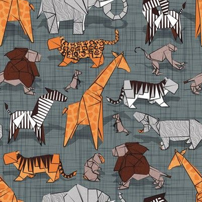 Small scale // Origami safari animalier // green grey linen texture background orange giraffes