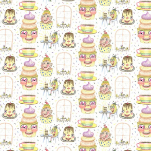 pastel cafe quirky anthropomorphic pastries baking, medium scale, white yellow rainbow colors