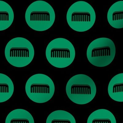 Comb Icon Circles Salon & Barbershop Pattern in Green with Black Background