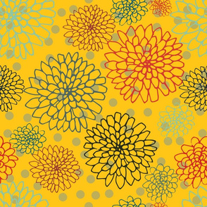 Chrysanthemum - Greens, Dark Grey and Reds on Yellow Gold