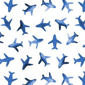 Around the world blue watercolor airplanes