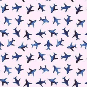 Blue on blush pink around the world watercolor airplanes - painted planes for nursery, kids