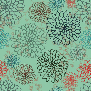 Chrysanthemum - Red, Greens and Browns on a Teal