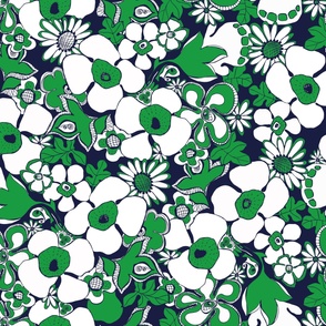 Floral Doodles navy blue white kelly green