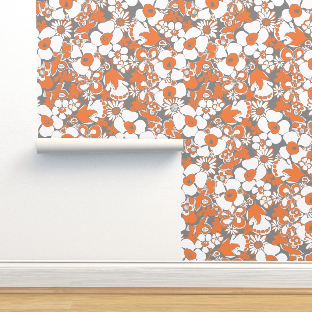 Floral Doodles orange grey white Wallpaper | Spoonflower