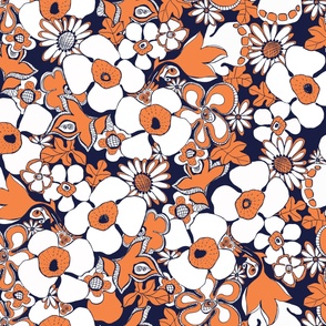 Floral Doodles orange navy blue white